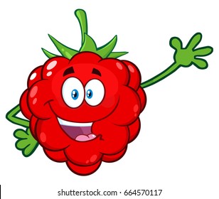 Happy Raspberry Fruit Cartoon Mascot Character Waving For Greeting. Vector Illustration Isolated On White Background