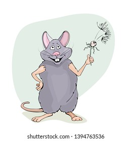 Happy rat holding dandelion flower, on green background.