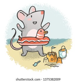 Happy rat or mouse on the beach with sand castle and swim ring. Cute hand drawn vector character. 2020 year of the rat symbol