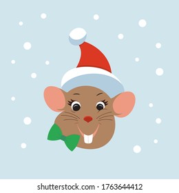 The happy rat with the red Christmas hat on the blue background.