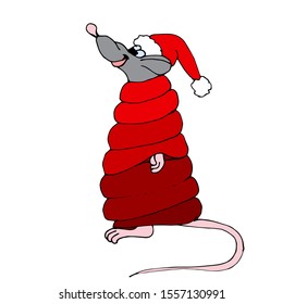 Happy rat in a warm hat and scarf. Freehand drawing. Festive New Year design. White background