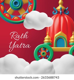 Happy Rath Yatra holiday 3D style vector greeting poster design. Cartoon festive colorful chariots, temple carts in clouds. Indian culture. Lord Jagannath, Balabhadra and Subhadra festival celebration