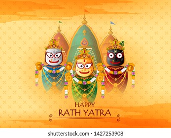 Happy Rath Yatra holiday background celebration for Lord Jagannath, Balabhadra and Subhadra.Vector illustration