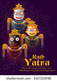 Happy Rath Yatra holiday background celebration for Lord Jagannath, Balabhadra and Subhadra.Vector illustration