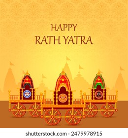 Happy Rath Yatra holiday background celebration for Lord Jagannath, Balabhadra and Subhadra.Vector illustration