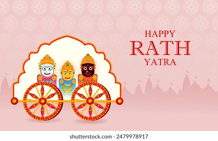 Happy Rath Yatra holiday background celebration for Lord Jagannath, Balabhadra and Subhadra.Vector illustration