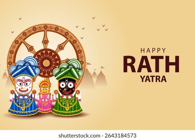 Happy Rath Yatra holiday background celebration for Lord Jagannath, Balabhadra and Subhadra.Vector illustration