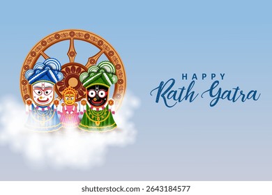 Happy Rath Yatra holiday background celebration for Lord Jagannath, Balabhadra and Subhadra.Vector illustration