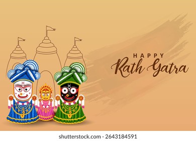 Happy Rath Yatra holiday background celebration for Lord Jagannath, Balabhadra and Subhadra.Vector illustration