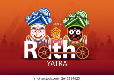 Happy Rath Yatra holiday background celebration for Lord Jagannath, Balabhadra and Subhadra.Vector illustration