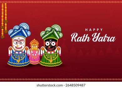 Happy Rath Yatra holiday background celebration for Lord Jagannath, Balabhadra and Subhadra.Vector illustration
