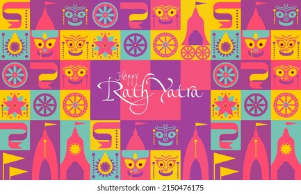 Happy Rath Yatra holiday. Lord Jagannath, Balabhadra and Subhadra. Vector illustration. 