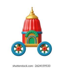 Feliz Ratha Yatra festival ilustração vetorial 3D. Carruagem colorida festiva dos desenhos animados sobre rodas, carrinho de templo. Lord Jagannath, Balabhadra e atributo de celebração Subhadra. Cultura indiana, brinquedo religioso