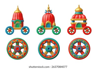 Happy Ratha Yatra festival 3D style vector illustrations set. Cartoon festive colorful chariot and wheels, temple carts. Indian culture. Lord Jagannath, Balabhadra and Subhadra celebration attributes