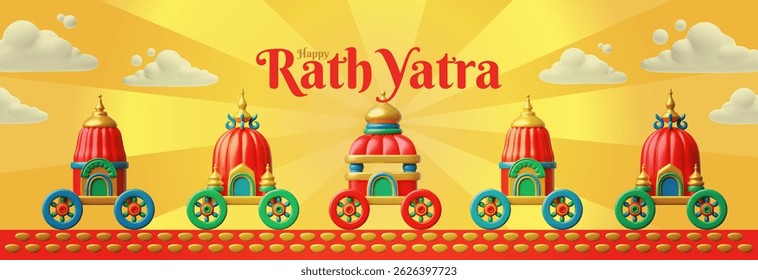 Happy Ratha Yatra holiday 3D style vector banner design. Cartoon festive colorful chariots, background temple carts with clouds. Indian culture. Jagannath, Balabhadra and Subhadra festival celebration