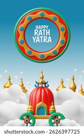 Happy Ratha Yatra holiday 3D style vector poster design. Cartoon festive colorful chariots, temple carts in the sky. Indian culture. Lord Jagannath, Balabhadra and Subhadra festival celebration