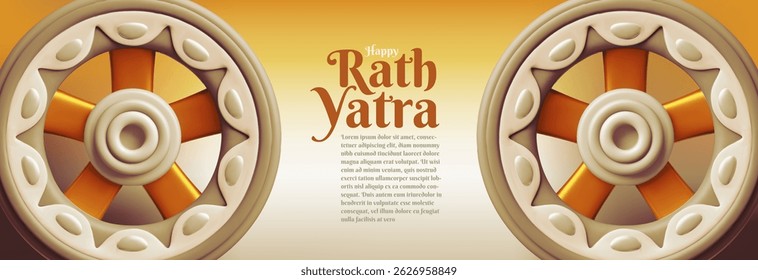 Happy Ratha Yatra holiday 3D style vector banner design. Cartoon festive ornament chariot wheels, temple carts. Indian culture. Lord Jagannath, Balabhadra and Subhadra festival celebration