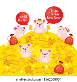 Happy Rats On Pile Of Wealth, Happy Chinese New Year 2020, Year Of The Rat, Traditional, Celebration, China, Culture