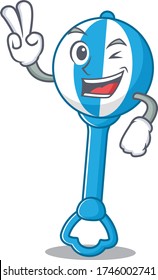 Happy rattle toy cartoon design concept show two fingers