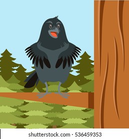 Happy Raven on the Tree winter flat background
