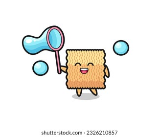 happy raw instant noodle cartoon playing soap bubble , cute style design for t shirt, sticker, logo element
