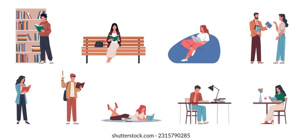 Happy readers. Book lovers with volumes, textbooks in hand, people in library, park and home, students preparing for exams, education and hobby. Cartoon flat illustration, nowaday vector set