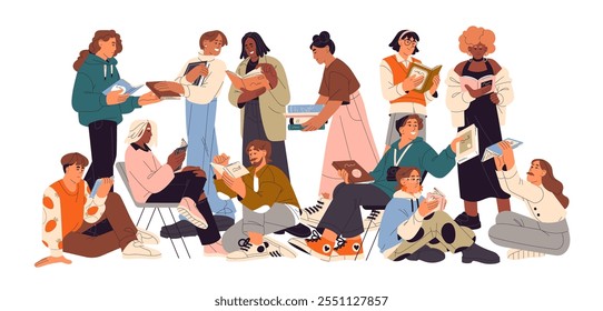 Happy readers hold, exchange books. Diverse people read literature together. Group of students studies with textbooks in library. Bookcrossing concept. Flat isolated vector illustration on white