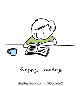 Happy reading concept. Cute little boy reading book. Vector illustration with hand-drawn style.