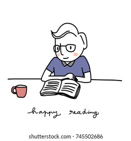 Happy reading concept. Cute man with eyeglasses reading book. Vector illustration with hand-drawn style.