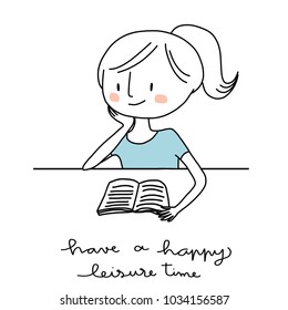 Happy reading concept. Cute woman reading book. Girl with ponytail sitting at desk, resting her hand in her chin and reading book. Vector illustration with hand-drawn style.