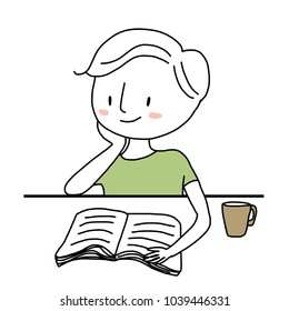 Happy reading concept. Cute young man reading book. Boy smiling and sitting at desk, resting his hand in his chin and reading book. Vector illustration with hand-drawn style.