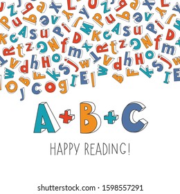 Happy reading concept illustration. Doodle three-dimensional contour letters. Bright funny childish cartoon style. Card, poster, flyer or banner for school event. EPS 10