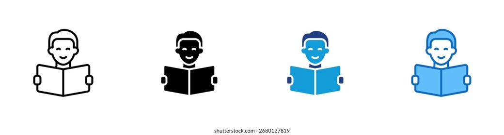 Feliz leitura múltipla estilo ícone design vetor - pessoa sorridente segurando um livro, representando a atividade de leitura com prazer ou aprendizagem