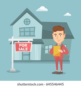 Happy real estate agent signing home purchase contract. Real estate agent standing in front of the house with placard for sale. Realtor selling a house. Vector flat design illustration. Square layout.