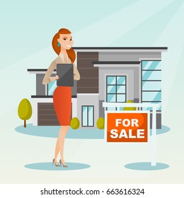 Happy real estate agent signing home purchase contract in front of house for sale. Real estate agent standing in front of house with placard for sale. Vector flat design illustration. Square layout.