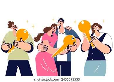Happy real estate buyers hold keys to houses and apartments, rejoicing in renting comfortable housing. People used services of realtor acquired rejoice in obtaining mortgage to purchase real estate