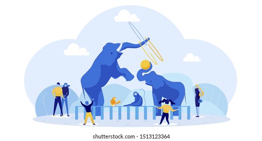 Happy Recreation at Zoo with Exotic Wild Animals. Huge Cartoon Elephants Twisting Hula Hoops on Trunk and Playing with Ball. People and Children Enjoying Tricks. Vector Flat Illustration