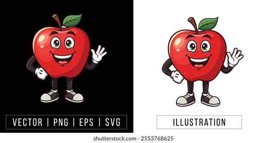 Happy Red Apple Cartoon Character – Fun and Healthy Illustration for Kids