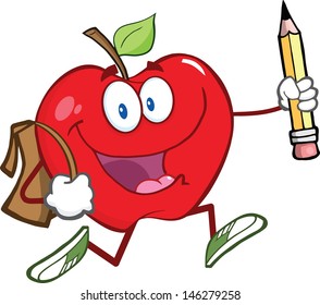 Happy Red Apple Character With School Bag And Pencil Goes To School. Vector Illustration