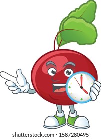 Happy red beet greens cartoon mascot style with clock