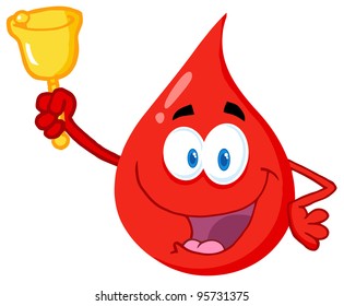 Happy Red Blood Drop Character Waving A Bell For Donation.Vector Illustration