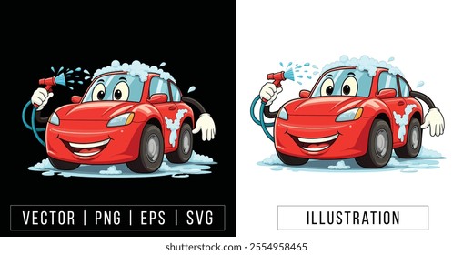 Happy Red Car Cartoon Mascot Getting a Bubble Wash - Fun Car Wash Illustration