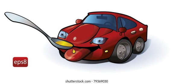 Happy red car drinks fresh oil.