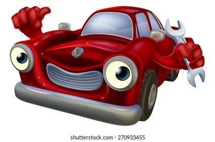 A happy red car mechanic character holding a mechanics spanner and giving a thumbs up