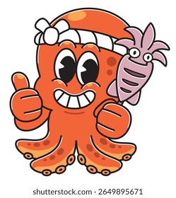 A happy red cartoon octopus character wearing a white headband and holding a smiling grilled squid skewer in one hand, while giving a thumbs-up with the other.