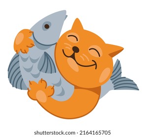 Fröhliche rote Katze, die einen großen Fisch umarmt