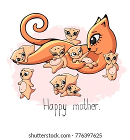 A happy red cat mom lies with five playing babies-kittens with an inscription. Vector illustration of a cartoon style isolated on white.