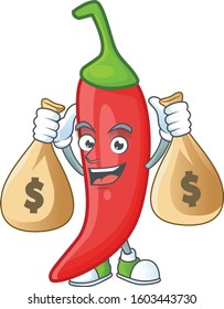 Happy Red Chili Cartoon Character With Two Money Bags