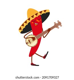 Happy red chili pepper in sombrero plays mandolin. Smiling cartoon character at the party, mexican picante food. Cinco de Mayo symbol. Hand drawn vector illustration isolated on white. Flat design 