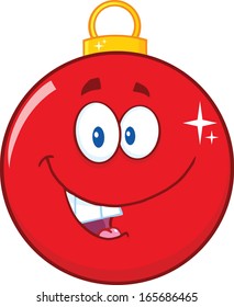 Happy Red Christmas Ball Cartoon Mascot Character. Vector Illustration Isolated on white